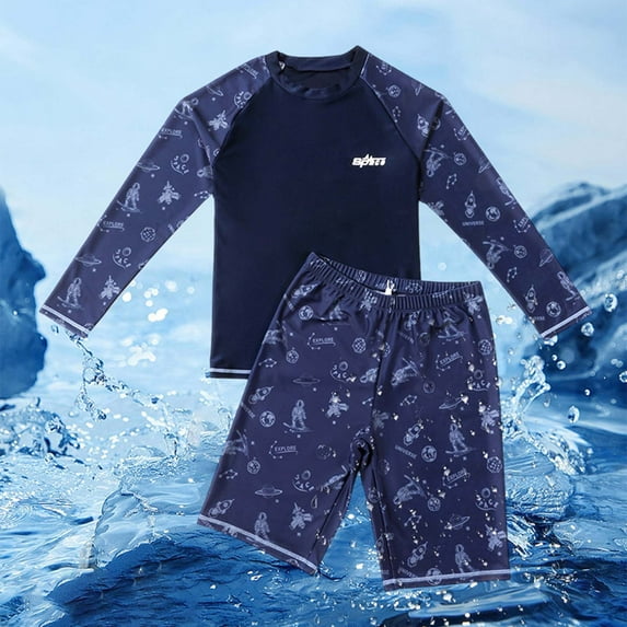 CUZIBR Baby Boys Two Piece Swimsuits Rash Guard Cute Cartoon Print Striped Long Sleeve Shirts Tops And Elastic Waist Shorts Trunks Swimwear Outfits Beach Pool Sun Protection Bathing Suit,Navy,180