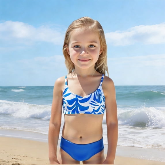 CUZIBR Baby Girl Bikini Swimsuit Tow Piece Outfits Floral Print Spaghetti Strap V-Neck Front Ring Ruched Tankini High Waist Fashionable Beach Pool Party Bathing Suit Swimwear,Blue,4-5 Years
