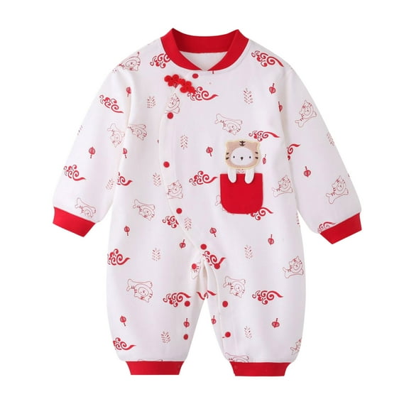 CUZIBR Baby Girl Boy Calendar Chinese New Year Onesie Kimono Tang Suit Red O-Neck Long Sleeve Romper Jumpsuit Oneise One-Pieces Outfits Classic Dailywear For Toddler