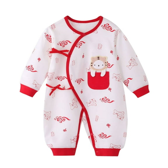 CUZIBR Baby Girl Boy Calendar Chinese New Year Onesie Kimono Tang Suit Red O-Neck Long Sleeve Romper Jumpsuit Oneise One-Pieces Outfits Cozy Dailywear For Toddler