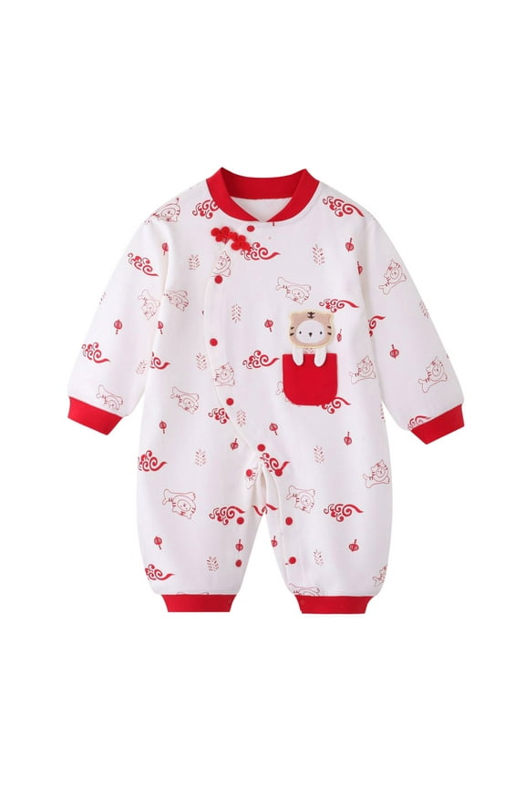 Baby Girl Boy Calendar Chinese New Year Onesie Kimono Tang Suit Red O-Neck Long Sleeve Romper Jumpsuit Oneise One-Pieces Outfits Fashionable Dailywear For Toddler