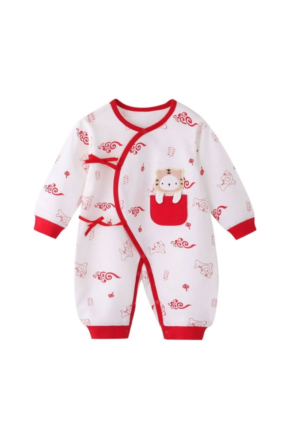 Baby Girl Boy Calendar Chinese New Year Onesie Kimono Tang Suit Red O-Neck Long Sleeve Romper Jumpsuit Oneise One-Pieces Outfits Relaxed Fit Dailywear For Toddler
