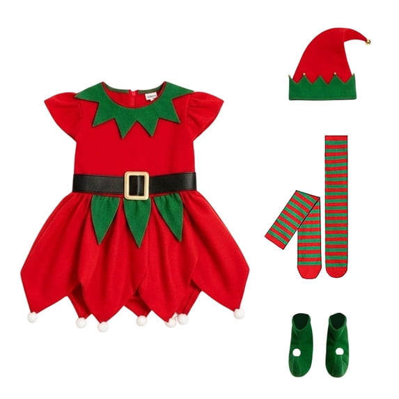 CUZIBR Baby Girl Christmas Elf Costume 4 PC Outfits Dresses And Socks Hat Shoes Set Long Sleeve Crew Neck Cozy Festival Wear,Red,3-4 Years