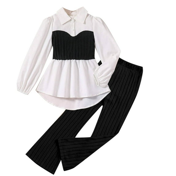 CUZIBR Baby Girl Outfits Fashion Patchwork Polo Collar Long Sleeve Button Shirt Tops And Knitted Pants Casual 2 Piece Suits Clothing Sets,Black,8-9 Years