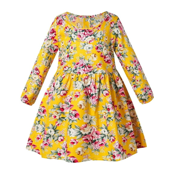 CUZIBR Baby Girl Outfits Fashionable Floral Print Dress Ruffled High Waist A-Line Long Sleeve Casual Princess Dresses Clothing Sets,Yellow,7-8 Years