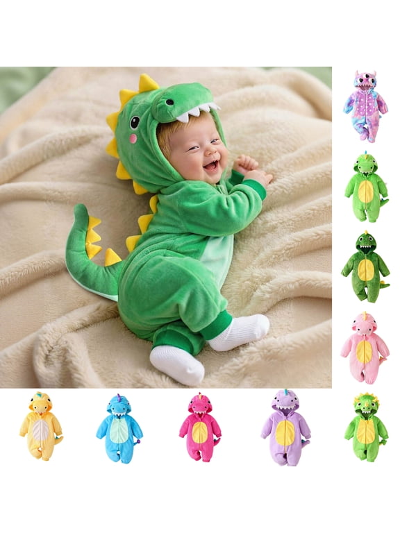 Baby Girl Romper Boy Dinosaur Themed Fuzzy Long Sleeve Onesies Zip Up Hooded Jumpsuit Cozy Fall Winter Clothes,Green,1-3 Months