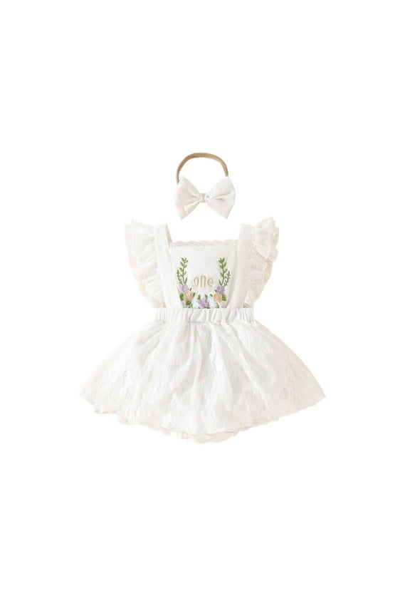 Baby Girl Romper Dresses Birthday Ruffles Sleeveless Square Collar Solid Color Flower Embroidery Lace Princess A-Line Tutu Dress With Headband Party Wedding Clothes Outfits,White,12-18 Months