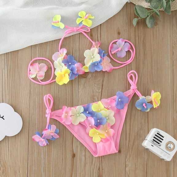 CUZIBR Baby Girl Swimsuit 2 Piece Fashion Stylish Flowers Cute Lace Up Halter Strap Top Shorts Bikini Set Pool Beach Travel Swimwaer Holiday,Pink,7-8 Years