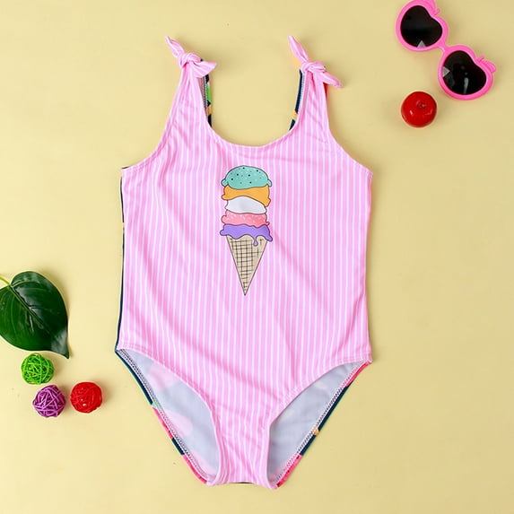 CUZIBR Baby Girl Swimsuit One Piece Swimsuit Sleeveless Striped Cartoon Prints Bow Strap Swim Wear Soft Bikini Beach Swimwear,Pink,3-4 Years