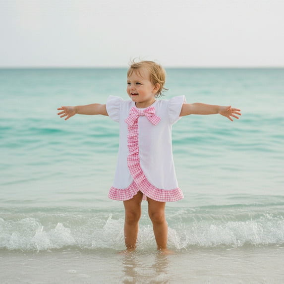 CUZIBR Baby Girl Swimsuit Sun Swim Dress Short Sleeve Plaid Ruffled Rash Guard Cover Up Cute Bow Beachwear Popular Swimsuit,Pink,1-2 Years