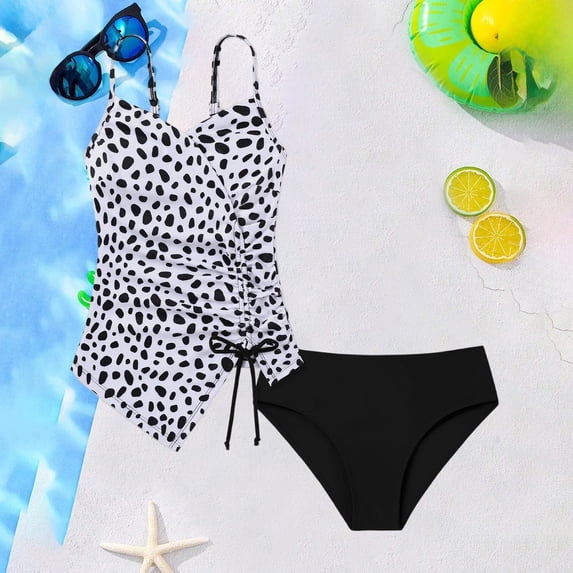 CUZIBR Baby Girl Two Piece Swimsuit Spaghetti Strap Trendy Leopard Tankini Top Drawstring Ruched Camisole Side High Waist Bottom Beach Pool Summer Breathable Swimwear,Black,11-12 Years