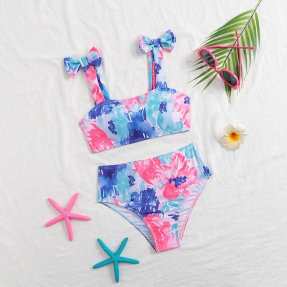 CUZIBR Baby Girl Two Piece Tankini Swimsuit Tie Dye Flower Print Adjustable Bow Strap Beachwear High Waist Bikini Set Beach Pool Swim Suit Fashionable Spring Summer Beachwear,Pink,11-12 Years