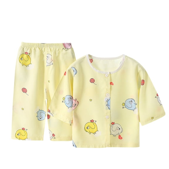 CUZIBR Baby Girl Winter Outfits Cotton Cartoon Print Round Neck Long Sleeve Sleep Cardigan Trousers Home Suit Soft Comfy Boys' Clothing Sets,Yellow,0-6 Months