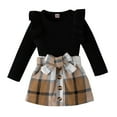 thumbnail image 1 of CUZIBR Baby Girl Winter Outfits Plaid Skirts Set Ruffles Long Sleeve Ribbed Round Neck Tops Shirt Bow Button Plaid Skirt Stylish Warm Dailywear Fall Winter Outfits,Black,18-24 Months, 1 of 8