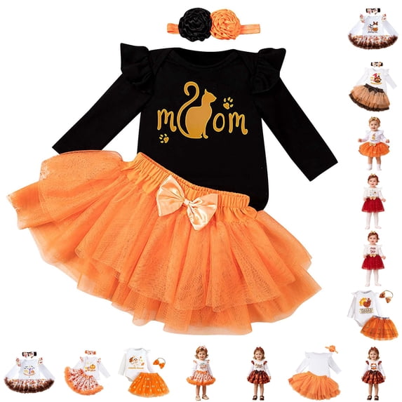 CUZIBR Baby Girls My 1St Halloween Tutu Outfit Ruffle Long Sleeve Letter Ghost Pumpkin Print Top Orange Bow Tulle Skirt With Flower Headband 3Pcs Sets,f-Black,6-9 Months