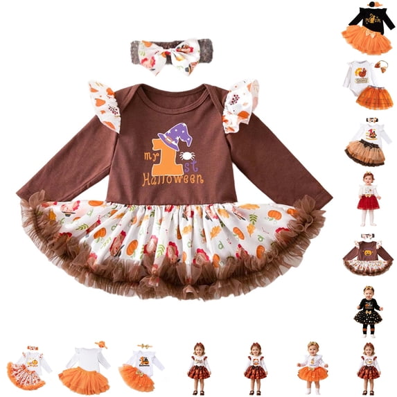CUZIBR Baby Girls My 1St Halloween Tutu Outfit Ruffle Long Sleeve Letter Ghost Pumpkin Print Top Orange Bow Tulle Skirt With Flower Headband 3Pcs Costume Sets,c-Brown1,12-24 Months