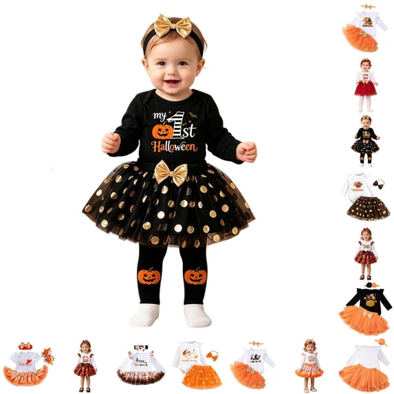 CUZIBR Baby Girls My 1St Halloween Tutu Outfit Ruffle Long Sleeve Letter Ghost Pumpkin Print Top Orange Bow Tulle Skirt With Flower Headband 3Pcs Sets,i-Black,6-9 Months