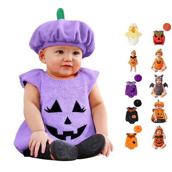 CUZIBR Baby Girls 2 Piece Halloween Pumpkin Sleeveless Fuzzy Funny Face Print Embroidery Romper Matching Pumpkin Hat Cosplay Outfit,Purple-d,6-12 Months