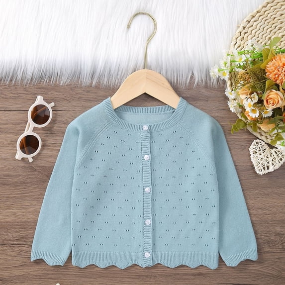 CUZIBR Baby Girls Cardigan Sweater Knit Button Up Scalloped Sweaters Long Sleeve Crew Neck Soft Daily Outwear,Light Blue,9-12 Months