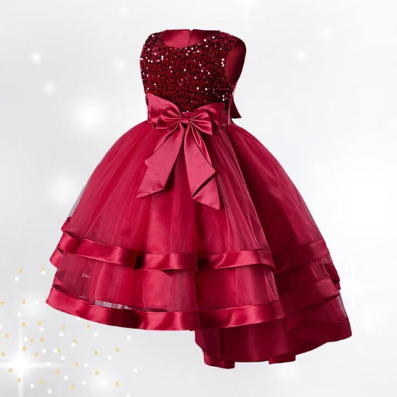 CUZIBR Baby Girls Children Formal Birthday Dresses Sleeveless Round Neck Sequins High Waist Big Bow Belt Mesh Tiered Dress Stylish Glitter Wedding Princess Tulle Gowns Guest Dress,Red,3-4 Years