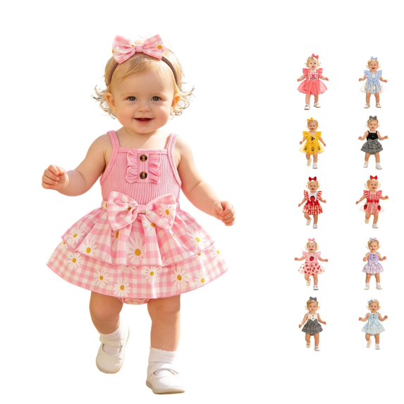 CUZIBR Baby Girls Clothes Sets Fly Sleeve Cute Fruit Cartoon Embroidery Crewneck High Waist Romper Bodysuits Plaid Dress Stylish Headbands 2 Piece Outfits Summer Bodysuit,Pink-3,0-3 Months