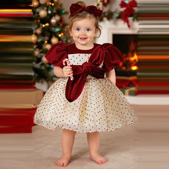 CUZIBR Baby Girls Dress Burgundy Velvet Puff Sleeve Big Bow Polka Dot Tulle Skirt Toddler Princess Party Dress For Holiday Photoshoot Birthday,Red,6-12 Months