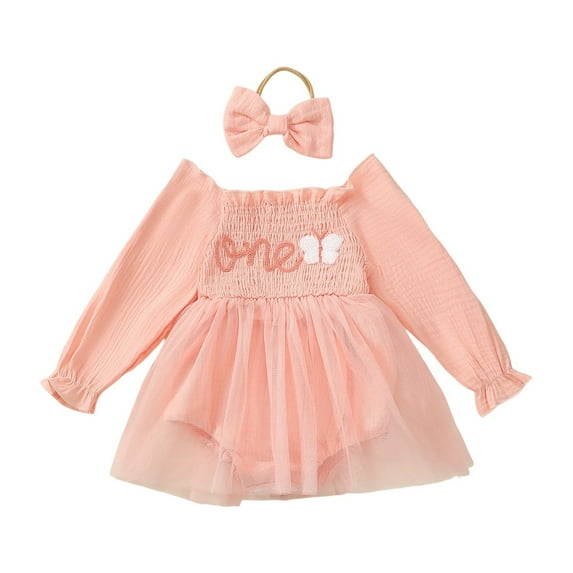 CUZIBR Baby Girls Easter Dress Long Sleeve Smocked Letter Butterfly Embroidery Lace Ruffle Bodysuit Tutu Layering Outfit Soft Basic Dresses Withheadband Sets Daily Wear,Red,9-12 Months