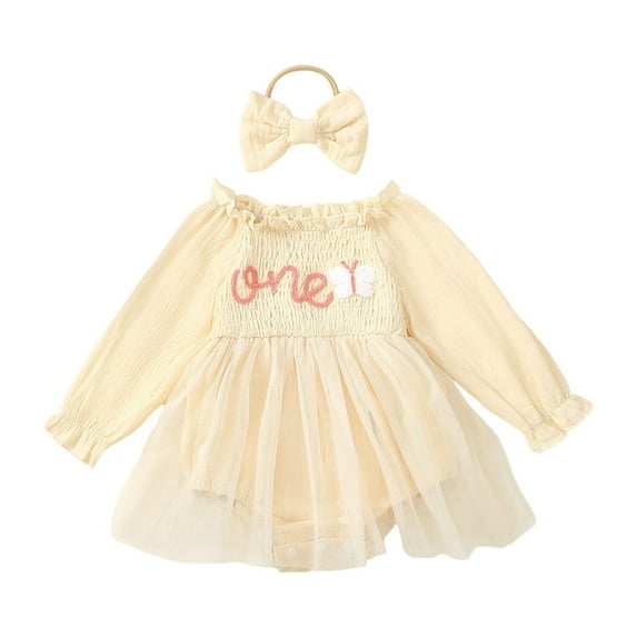 CUZIBR Baby Girls Easter Dress Long Sleeve Smocked Letter Butterfly Embroidery Lace Ruffle Bodysuit Tutu Layering Outfit Soft Basic Dresses Withheadband Sets Daily Wear,Beige,12-18 Months