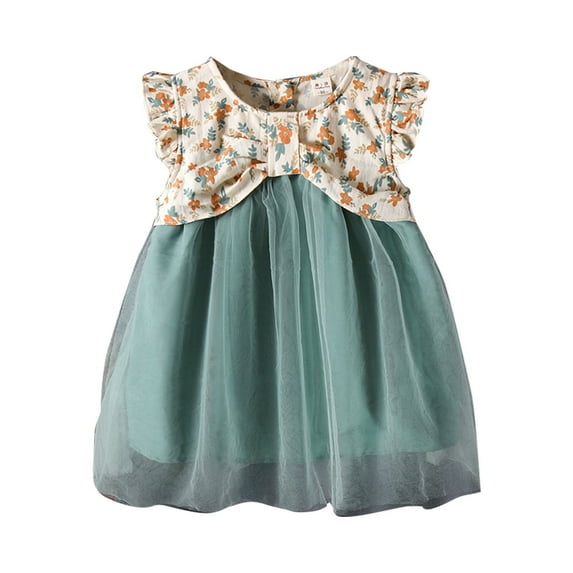 CUZIBR Baby Girls Fall Tulle Solid Color Short Sleeve Dress Green Floral Skirt Summer Travel Dress Birthday Dailywear For Toddler