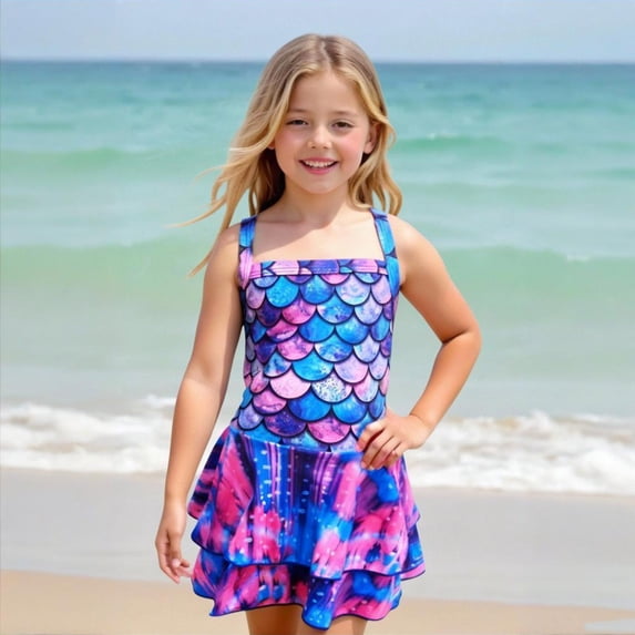 CUZIBR Baby Girls Fashionable One Piece Swimsuit Backless Round Neck Cross Strap Plaid Print Swimwear With Tiered Pleated Tutu Skirt Onesize Comfy Soft Stylishsummer Beachwear,Purple,5-6 Years