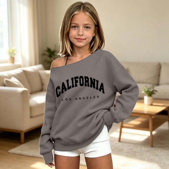CUZIBR Baby Girls Off Shoulder Sweatshirt Oversized Letter Graphic Pullover Long Sleeve Cozy Fall Winter Clothes,Coffee,4-5 Years