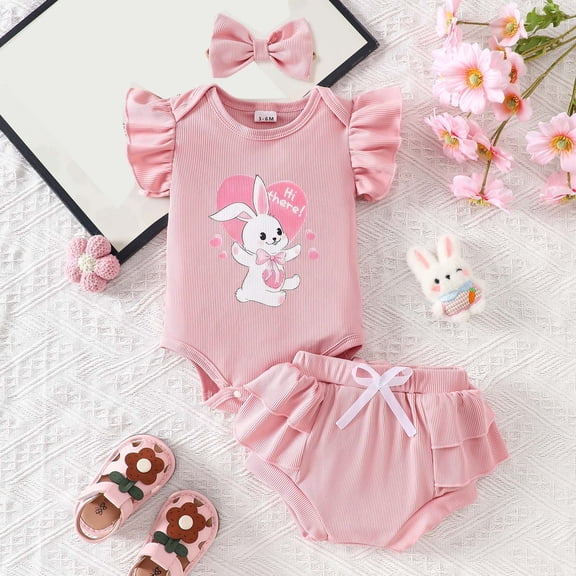 CUZIBR Baby Girls Outfits Knitted Ribbed Red Short Sleeve Ruffles Button Crewneck Bodysuit Romper Cute Bow Tiered Ruffled Watermelon Prints Skirts Headbands Vacation Dailywear,Pink,3-6 Months