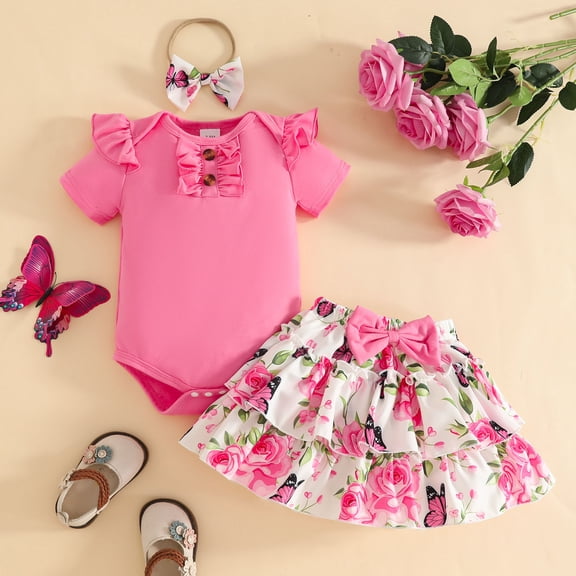 CUZIBR Baby Girls Outfits Knitted Ribbed Red Short Sleeve Ruffles Button Crewneck Bodysuit Romper Cute Bow Tiered Ruffled Watermelon Prints Skirts Headbands Spring Fall Clothes,Hot Pink,6-9 Months
