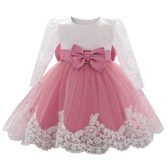CUZIBR Baby Girls Ruffle Long Sleeve Lace Bowknot Flower Dresses Pageant Party Wedding Princess Dress Cute Dailywear For Toddler