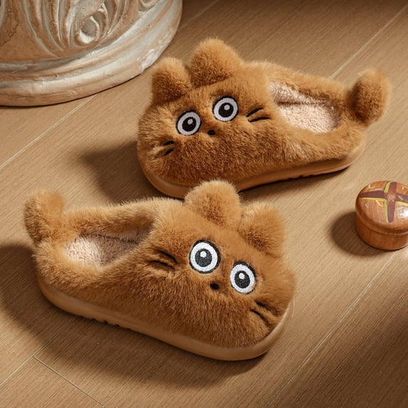 CUZIBR Baby Girls Slippers Boys Cute Cat Fuzzy House Slippers Close Toe Warm Winter Cozy Indoor Shoes,Brown,5-6 Years