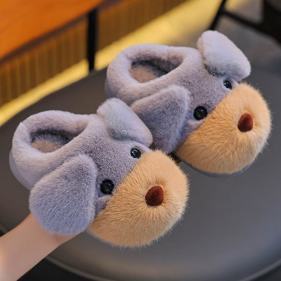 CUZIBR Baby Girls Slippers Boys Cute Dog Animal Fuzzy House Slippers Close Toe Warm Winter Soft Indoor Footwear,Grey,4.5-5 Years