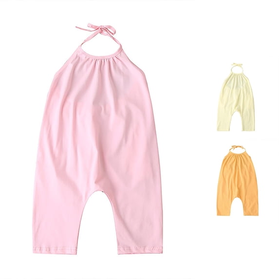 CUZIBR Baby Girls Summer Outfits Solid Colro Sleeveless Halter Neck Romper Jumpsuit Backless Bodysuit For Toddler Cute Casual Lightweight Breathable Comfy One Piece Clothes,Pink,1-2 Years