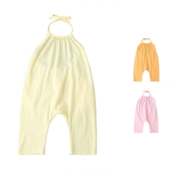 CUZIBR Baby Girls Summer Outfits Solid Colro Sleeveless Halter Neck Romper Jumpsuit Backless Bodysuit For Toddler Cute Casual Lightweight Breathable Comfy One Piece Clothes,Yellow,1-2 Years