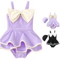 thumbnail image 1 of CUZIBR Baby Girls Swimsuit One Piece Swim Dress Ruffles Solid Block Spaghetti Strap Big Bow Square Collar Swimwear With Swm Cap For Toddler Kids Summer Beach Outdoor Play,Purple,7-8 Years, 1 of 4