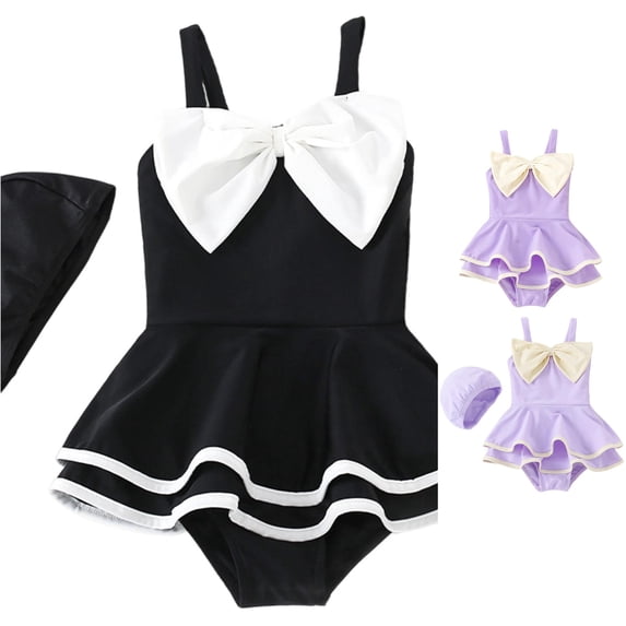 CUZIBR Baby Girls Swimsuit One Piece Swim Dress Ruffles Solid Block Spaghetti Strap Big Bow Square Collar Swimwear With Swm Cap For Toddler Kids Summer Beach Outdoor Play,Black,4-5 Years