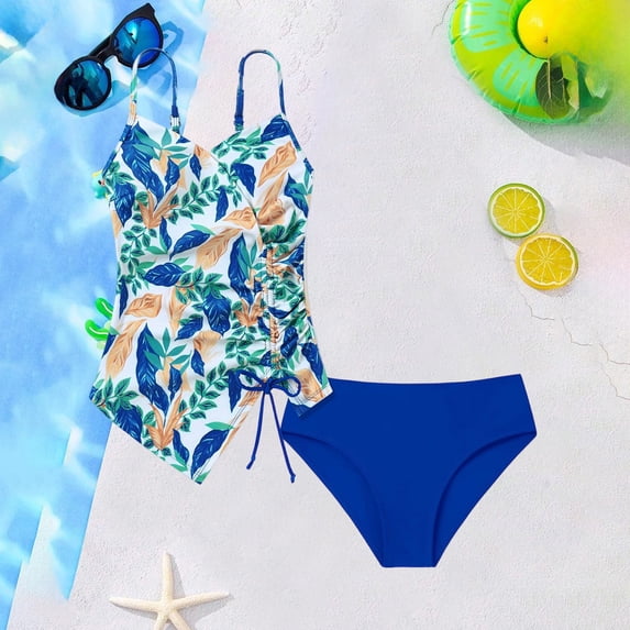 CUZIBR Baby Girls Two Piece Swimsuit Spaghetti Strap Trendy Leopard Tankini Top Drawstring Ruched Camisole Side High Waist Bottom Beach Pool Summer Breathable Swimwear,Blue,9-10 Years