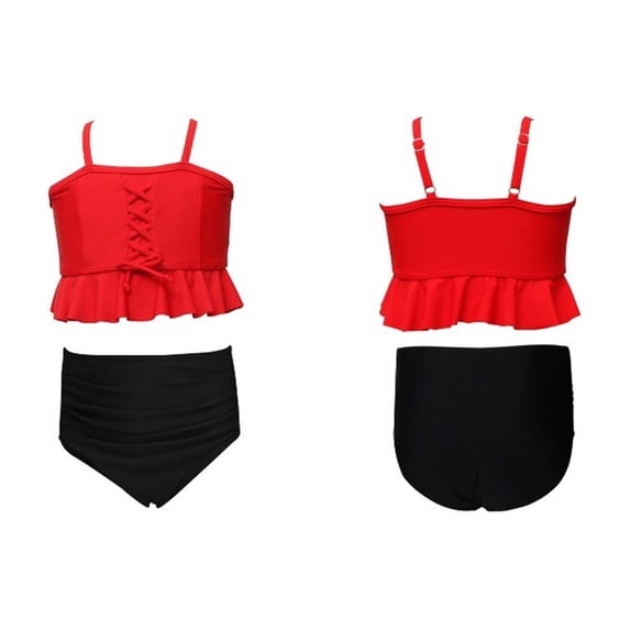 CUZIBR Baby Girls Two Piece Swimwear Upf 50+ Sun Rash Guard Solid Color Spaghetti Strap Off The Shoulder Ruffled Tiered High Waist Bottom Tankini Swimsuit Comfortable Beachwear,Blue,2-3 Years