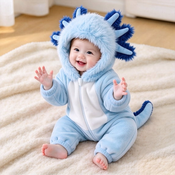 CUZIBR Baby Halloween For Boys Girls Fuzzy Onesie Animal Romper Jumpsuit Hooded Zip Up Long Sleeve Funny Dress-up Party Clothes,Light Blue,3-6 Months