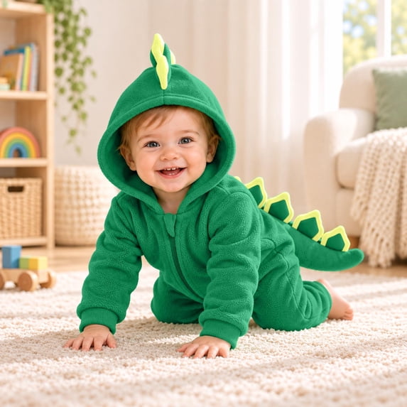 CUZIBR Baby Dinosaur Romper Boy Girl Plush Jumpsuit Onesies Long Sleeve Zip Up Hooded Fall Winter Clothes,Green,0-1 Months