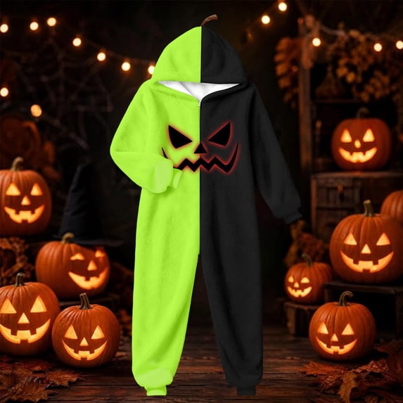 CUZIBR Baby Halloween Onesie Pajamas Girls Boys Hooded Plush Pumpkin Pajama Patchwork Zip Up Long Sleeve Jumpsuit Loungewear Soft Homewear,Light Green,5-6 Years
