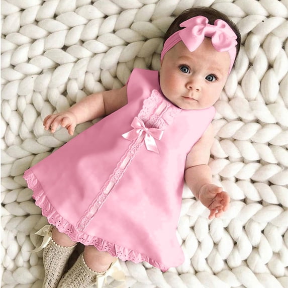 CUZIBR Baby Girls Tutu Dress Lace Flower Embroidery Solid Color Sleeveless A-Line Round Neck Cute Bow Mesh Tulle Dresses With Headband Set Summer Elegant Clothes Outfits,Pink,12-18 Months