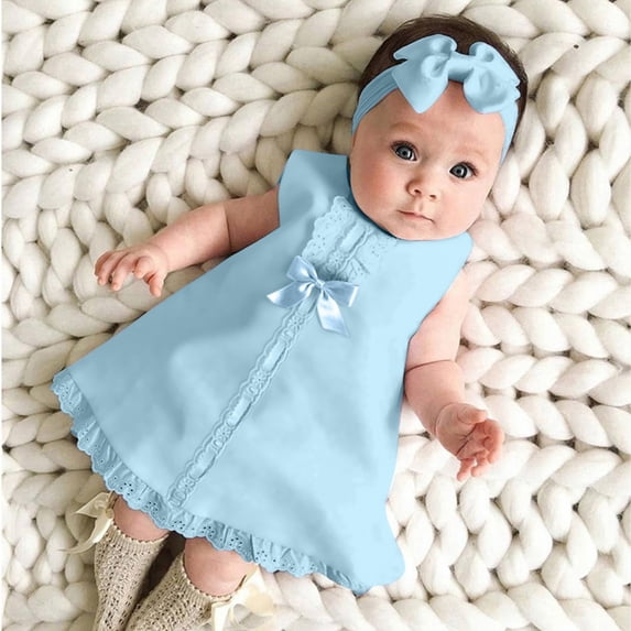 CUZIBR Baby Girls Tutu Dress Lace Flower Embroidery Solid Color Sleeveless A-Line Round Neck Cute Bow Mesh Tulle Dresses With Headband Set Summer Elegant Clothes Outfits,Blue,12-18 Months