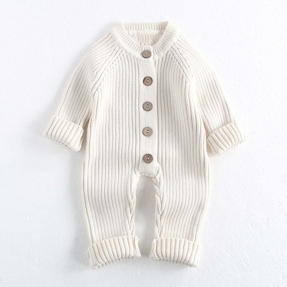 CUZIBR Baby Onesies Boy Girl Long Sleeve Romper Knitted Crew Neck Jumpsuit Soft Homewear,White,12-18 Months