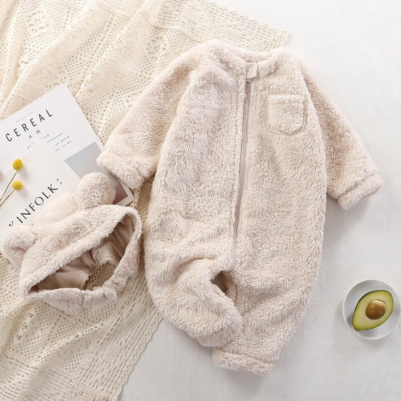 CUZIBR Baby Onesies Girl Boy Fuzzy Long Sleeve Romper With Bear Hat Set Footed Zip Up Crew Neck Jumpsuit Cozy Loungewear,Beige,12-24 Months