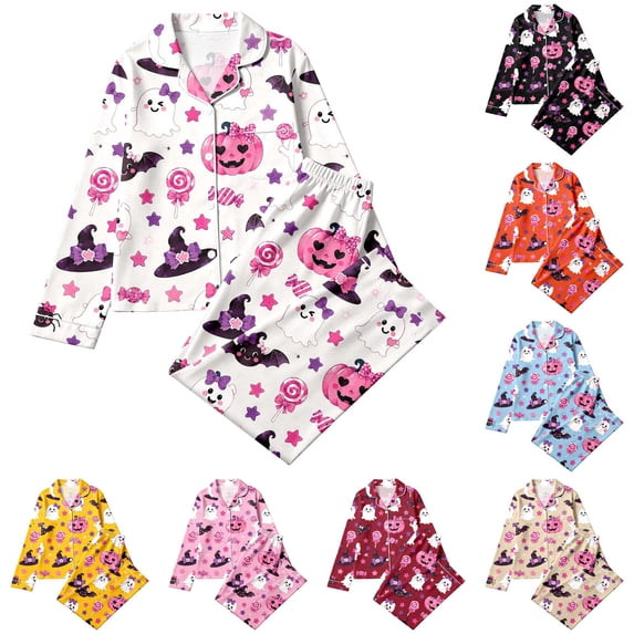 CUZIBR Baby Pajamas For Girls Halloween Long Sleeve Bow Print Button Down Shirt And Pants 2 PC Sleepwear Ghost Pumpkin Witch Graphic Lapel Smooth Soft Casual Daily Nightwear,White,13-14 Years